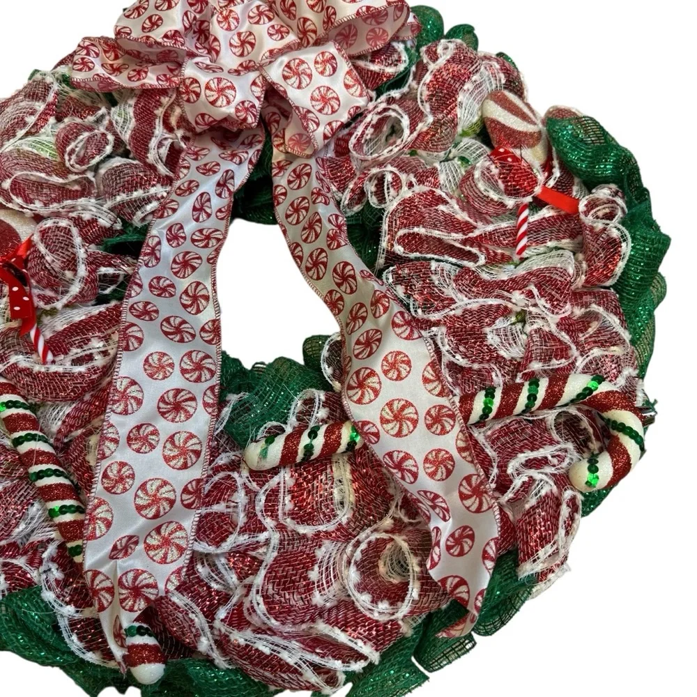 Handmade Peppermint Candy Deco Mesh Wreath Red, Green & White Swirl 22 inch